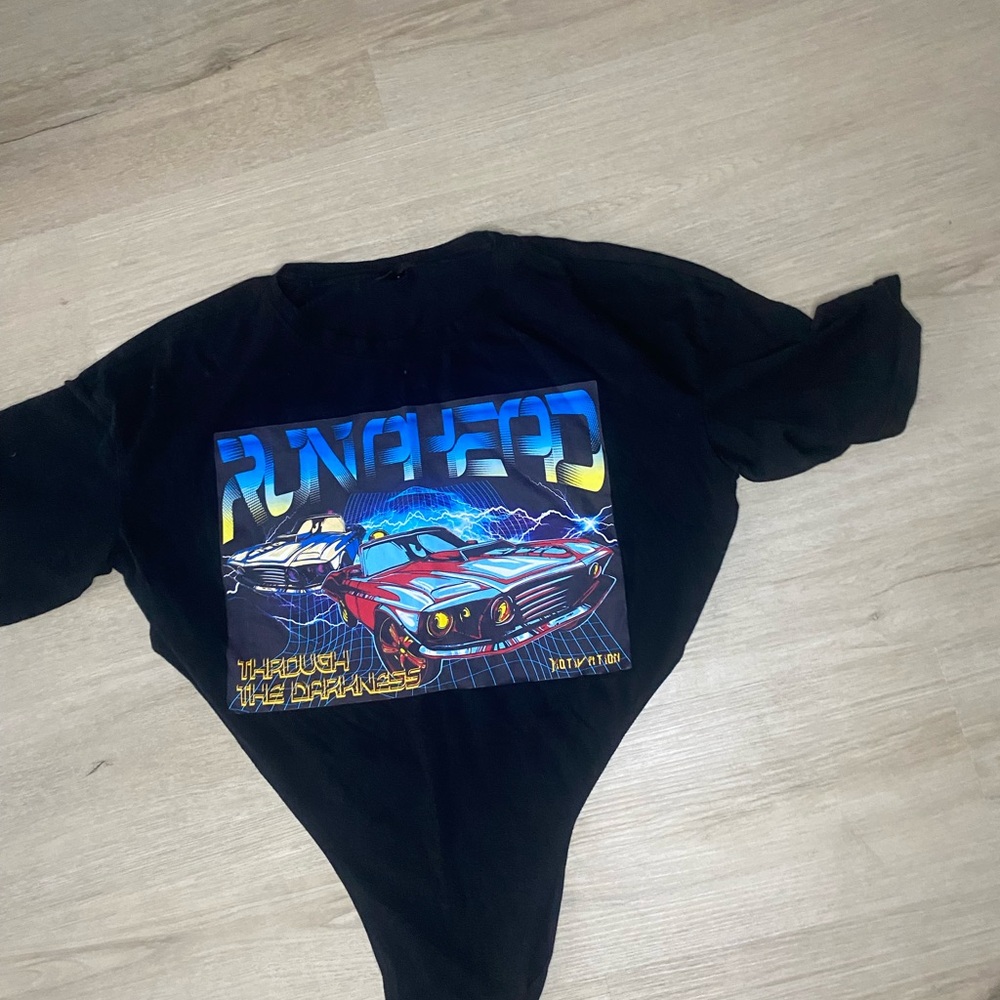 Graphic Black Bodysuit with Car Design